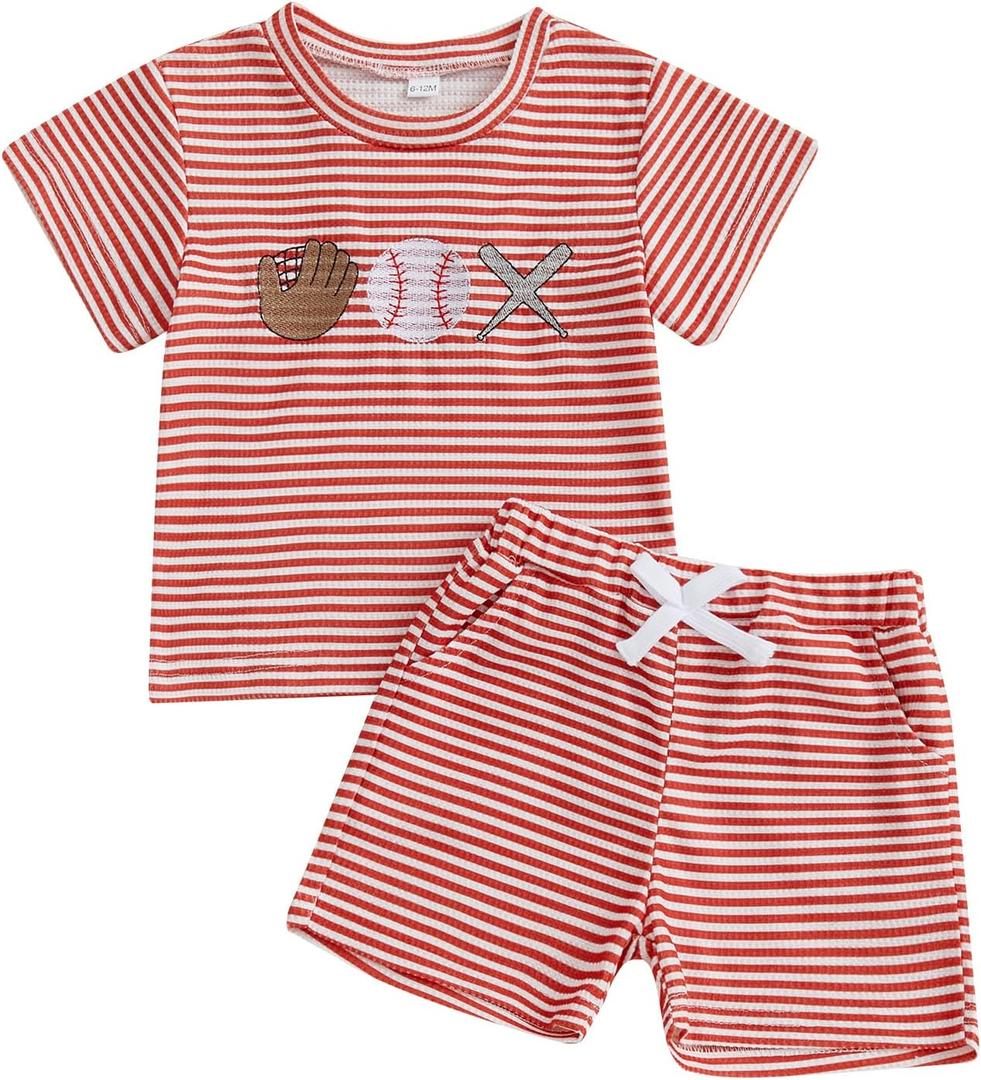 Fuethsuy Baseball Toddler Baby Boy Girl Clothes Striped Short Sleeve T-shirt Tops Elastic Waist Shorts Set 2Pcs Summer Outfit (Red, 18-24 Months)