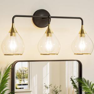 TETOTE 3-Light Modern Bathroom Light Fixtures, 3 Light Vanity Lights Over Mirror Black & Gold Wall Lamp with Clear Glass for Bathroom, Mirror, Living Room, Bedroom, Hallway, Black and Gold 
