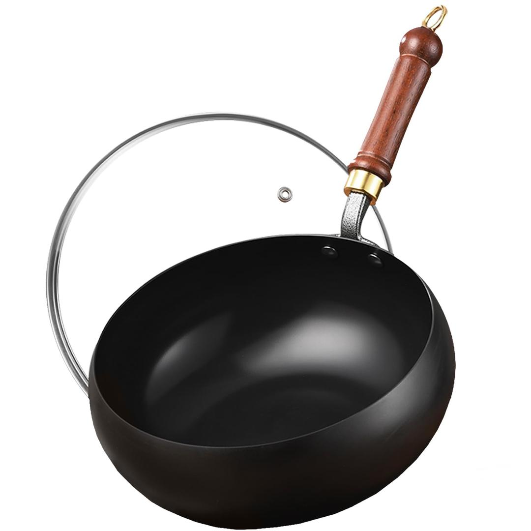Carbon Steel Wok Pan, Nonstick Pre-Seasoned Woks & Stir-Fry Pans with Lid , No Chemical Coating Wok Flat Bottom Small Handmade Chinese Wok for Induction, Gas, Electric & All Stoves (11INCH wooden lid)