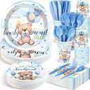 Dandat 350 Pcs Baby Shower Plates Set Baby Shower Party Supplies Serves 50 Tableware Sets Include Plates Napkin Cup Forks Knives Spoons Disposable Dinnerware(Bear,Blue)