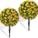Fall Artificial Mum Topiary Ball with Spike Set of 2, Faux Boxwoods for Outdoor Planters, UV Resistant Artificial Outdoor Plants for Porch, Fake Bushes Round Shrub with Orange Yellow Mum