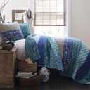 Lush Decor Royal Empire Reversible Cotton Quilt Set, 3 Piece Set Full/ Queen, Peacock - Striped Bedding Set - Floral Quilt Queen Size - Blue Bedding - Boho Decor