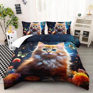 Kawaii Cat Comforter Set Full Size, 3D Animals Flowers Bedding Set, Cat Lovers Quilt Bed Set for Girls Kids Teens (Style 6)