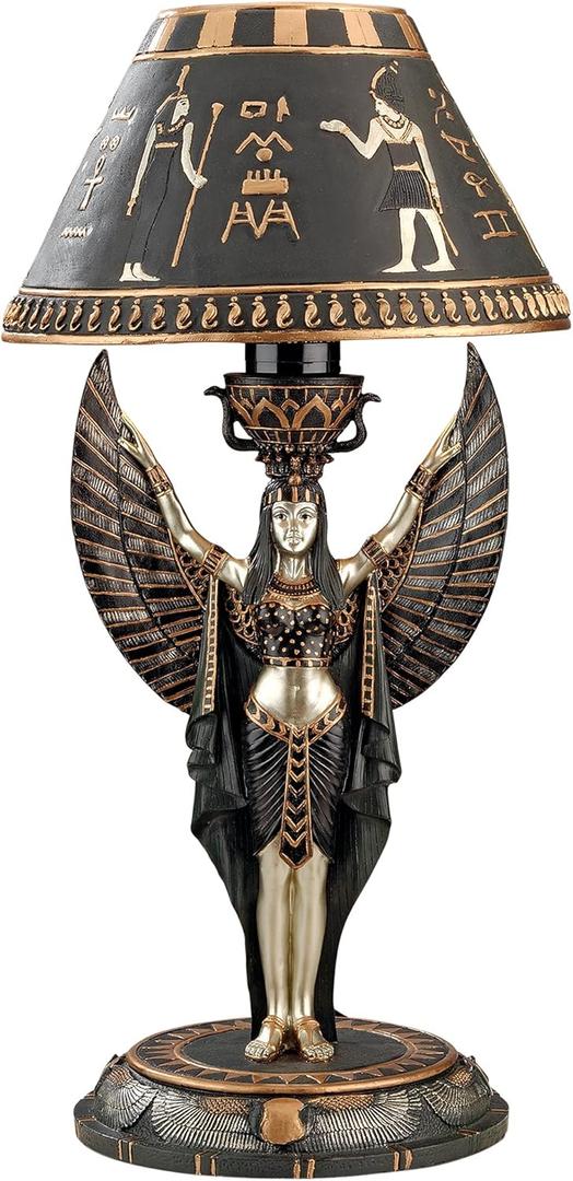 Design Toscano Isis Diety Egyptian Decor Accent Sculptural Desk Table Lamp, 9 inches wide, 17 inches tall, Cast Stone Resin, Black & Gold Finish