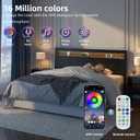 Wooden Headboard with Storage, USB Ports RGB Wall Mount (Black, Queen)