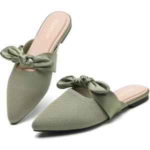 Tilocow Knit Mules for Woman Pointed Toe Flats Bow Mules Slip On Slides Flats Shoes Women Dressy Comfortable (8, Green)