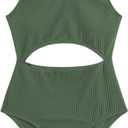 Milumia Girls Swimsuit One Piece Cut Out Bathing Suit Rib Knit Bikini Swimwear Size 9-14Y (Green)