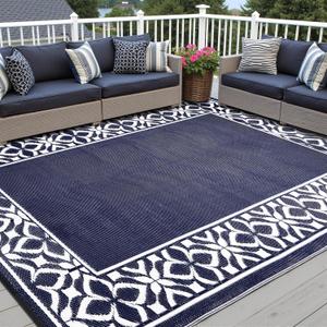 PureCozy Outdoor Plastic Straw Rug Navy Blue Large Outside Waterproof Outdoor Patio 9x12 Carpet Geometric Reversible Mat Modern for Camping RV Porch Deck Balcony Beach