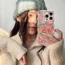 Jusy Case for iPhone 11 Pro Max, Colorful Retro Oil Painting Printed Flower Laser Blue Glossy Pattern Cute Curly Wave Phone Case Soft TPU Cover for Girly Women -Green (Green Without Bracelet)