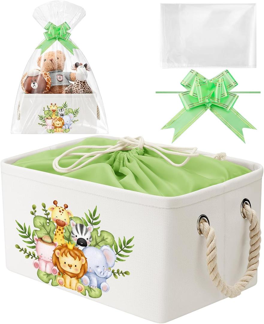 Pickmesh Baby Shower Storage Basket with Gift Bags, Rectangular Ribbons, Collapsible Canvas Storage Bin with Handles for Diaper Organizing Toy Home DIY Gift Basket, 13 x 9. 1 x 7. 1 Inch(Jungle Theme)