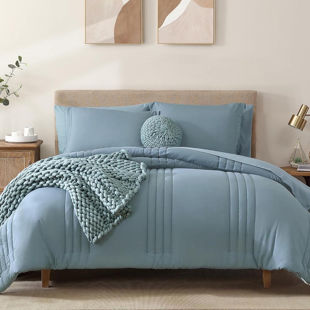 Monbix Queen Comforter Set - 7 Pieces Dusty Blue Bed in a Bag Queen Bedding Sets with Comforters, All Seasons Comforter Bed Set with Sheets, Pillowcases & Shams (Queen(90"X90"))