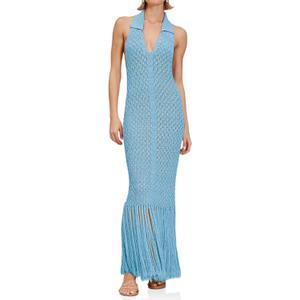 Saodimallsu Womens Halter Crochet Cover Up Fringe Sexy Backless Sleeveless V Neck Collared Vacation Beach Maxi Dress (Medium, Blue)