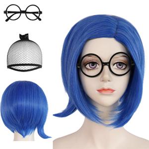 JoneTing Blue Sad Wig+Hair Cap+Glasses Short Straight Blue Sad Bob Wigs Women Short Sad Blued Cosplay Costume Wigs for Female Cosplay Outfit Halloween