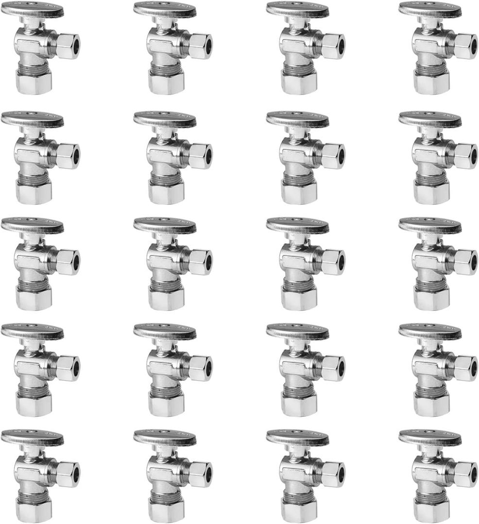 20-Pack EFIELD Angle Stop Valve 1/2" Nominal (5/8" OD) Compression x 3/8" OD, 1/4-Turn, Chrome Plated,(VALVE116-20PCS)