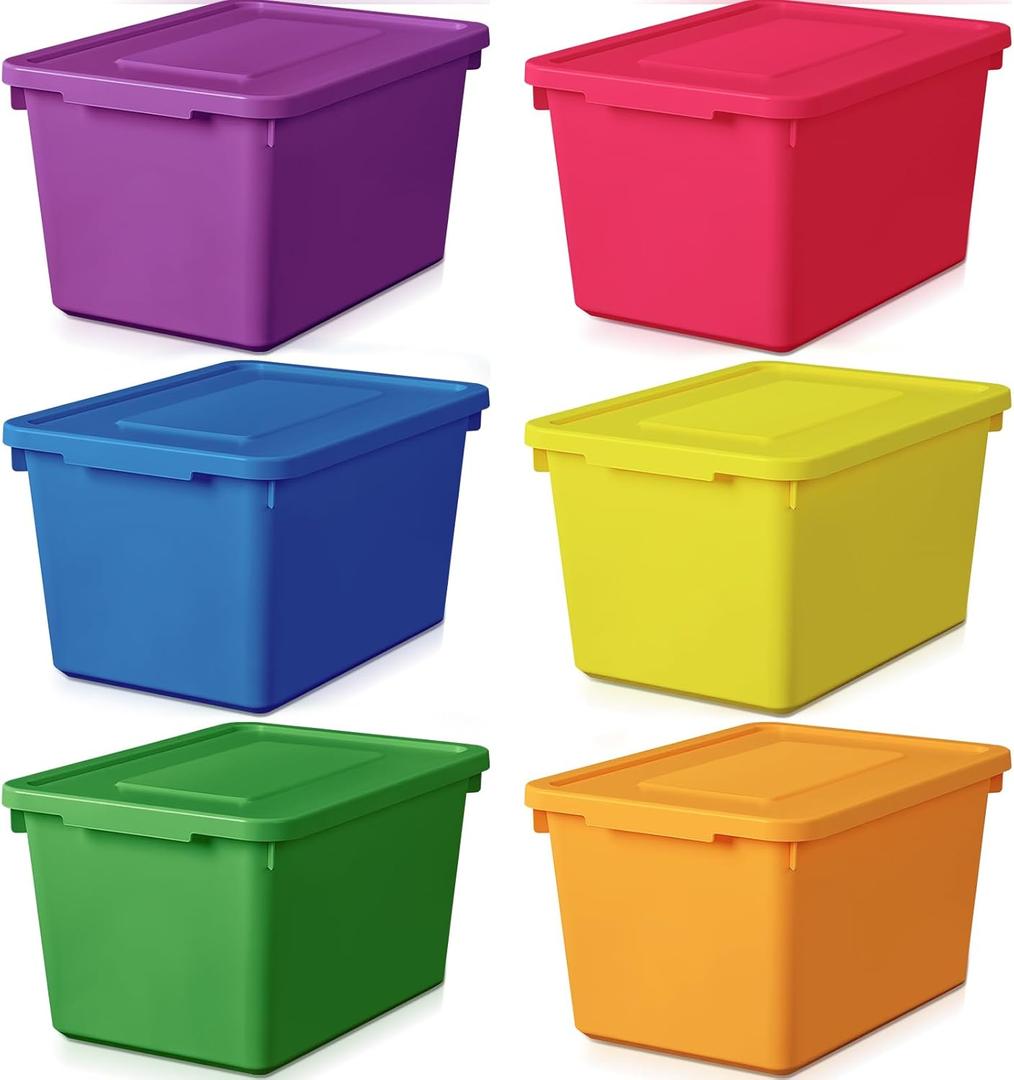Potchen 6 Pack Cute Plastic Storage Bins with Lids Decorative Stackable Storage Boxes 9.8" 7.3" 5.7" Small Storing Totes for Organizing Craft Office Supplies (Colorful)