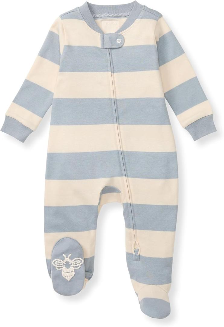 Burt's Bees Baby Boys Sleep and Play PJs, 100% Organic Cotton One-Piece Zip Front Romper Jumpsuit Pajamas (Quarry Blue Rugby Stripe)
