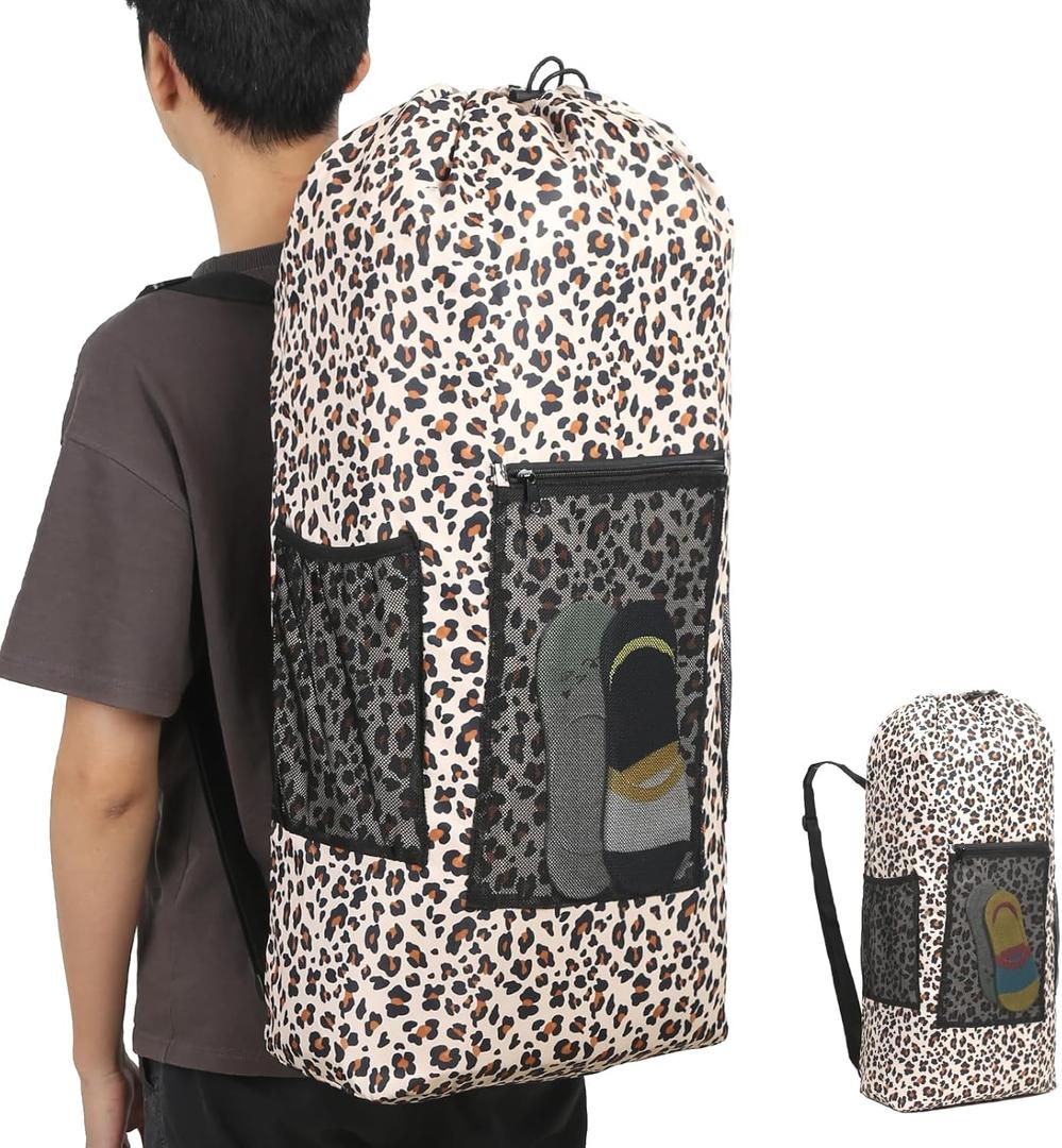 VOOWO College Laundry Bag, Large Laundry Backpack, College Dorm Room Essentials For Guys Girls, Dorm Laundry Bag Backpack With Shoulder Straps, Dirty Clothes Travel Laundry Bag (White Print)