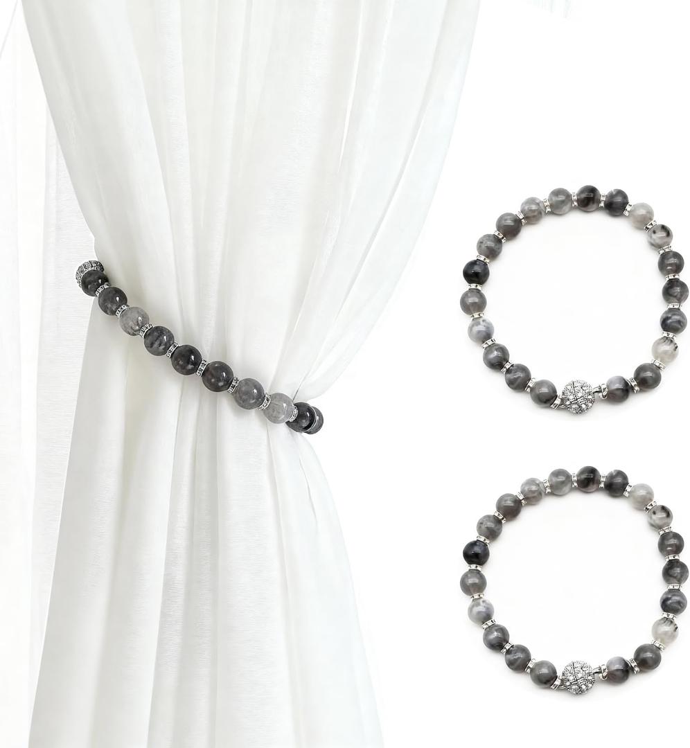 Magnetic Curtain Tiebacks, 2 Pcs Beaded Curtain Holdbacks for Window Curtain Panels, Drapes, Home Dcor, 13 Inches (Grey)