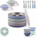 Elk and Friends Kids Stainless Steel Mealtime Bundle | Plates, Bowls, Snack Cups + Toddler Utensils | Silicone Suction Sleeves + Travel Storage Lids | For Meals + Snacks | Dishwasher Safe