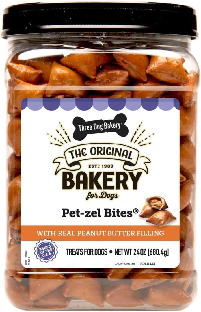Three Dog Bakery Pet-Zel Bites, Pretzel Cookies for Dogs, Wholesome Puppy Training Treats, Baked Biscuits, Delicious Treats