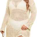 Beautife Womens Plus Size Swimsuit Cover Up Crochet Long Sleeve Mesh Knit Crew Neck Beach Coverup Dress (Beige)