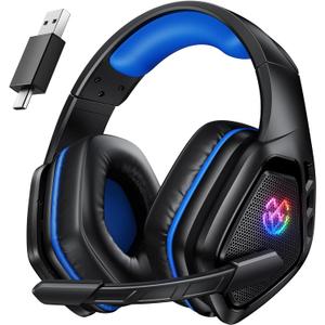 Tatybo Wireless Gaming Headset for PC, Ps5, Ps4, 2.4 Ghz USB & Type-C Gaming Headphones with Microphone, 30H Battery Bluetooth Headphones for Switch, Laptop, Mobile, Mac (Black Blue)