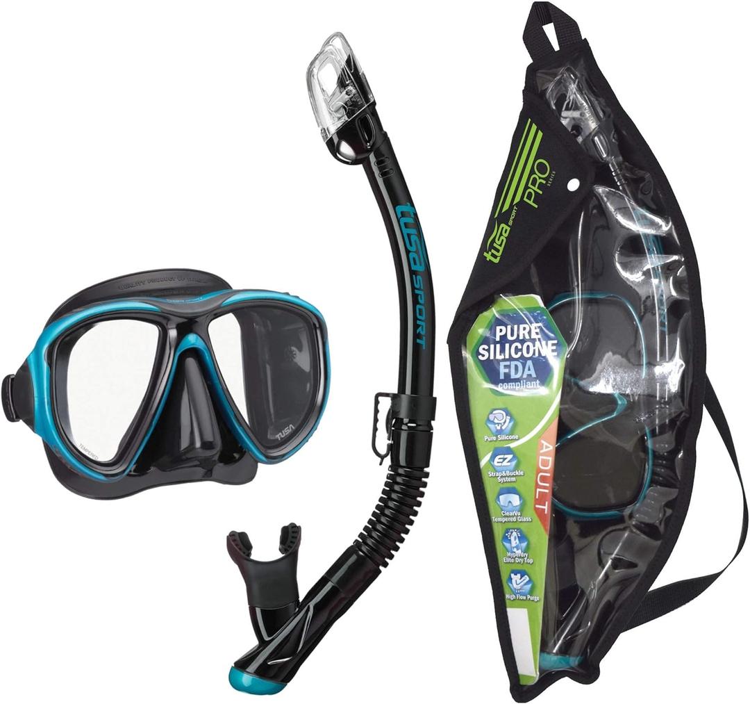 TUSA Sport Adult Powerview Mask and Dry Snorkel Combo (Black/Ocean Green (w/reusable bag))