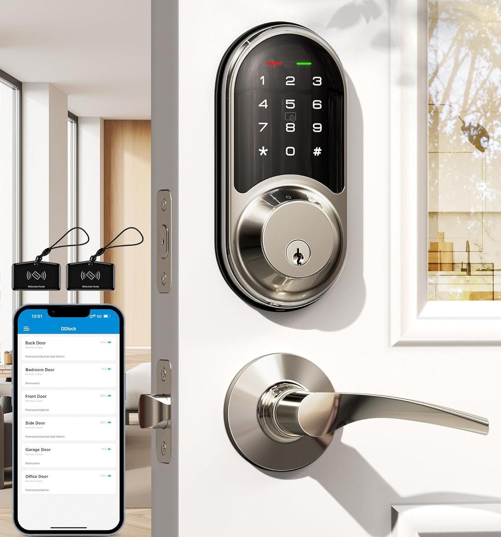 Veise RZ06B Smart Lock for Front Door, 2 Lever Handle Set, Keyless Entry Deadbolt, App Control, Electronic Digital Touchscreen Keypad, Auto Lock, IP54 Waterproof, Easy Installation, Satin Nickel