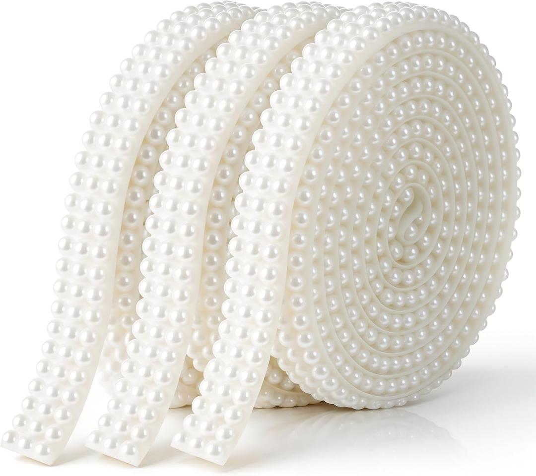 3 Rolls Pearl Ribbon, Rhinestone Ribbon Crystal Tape Strips Bling Rhinestone Strand Pearls Strips Trim Pearl Wrap Roll Stickers for DIY Crafts Wedding Birthday Party Decoration (3 Yard)
