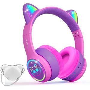 IFECCO Wireless Kids Headphones with Microphone,Foldable Cute Light Up Cat Ear Children Girls Bluetooth Headphones with Case for School Gifts Travel (rose purple)