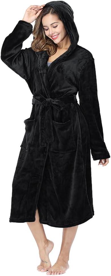 RONGTAI Womens Robes Plush Fleece Hooded Bathrobe Thick Nightgown with Pockets Fluffy Sleepwear Black, L