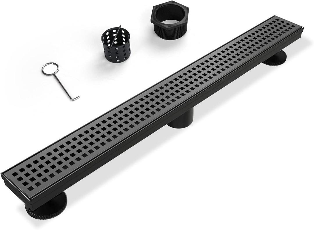 SaniteModar Linear Shower Drain, Matte Black Shower Drain 48 inch with Removable Grate,Brushed 304 Stainless Steel Shower Drain Include Hair Strainer,Adjustable Leveling Feet