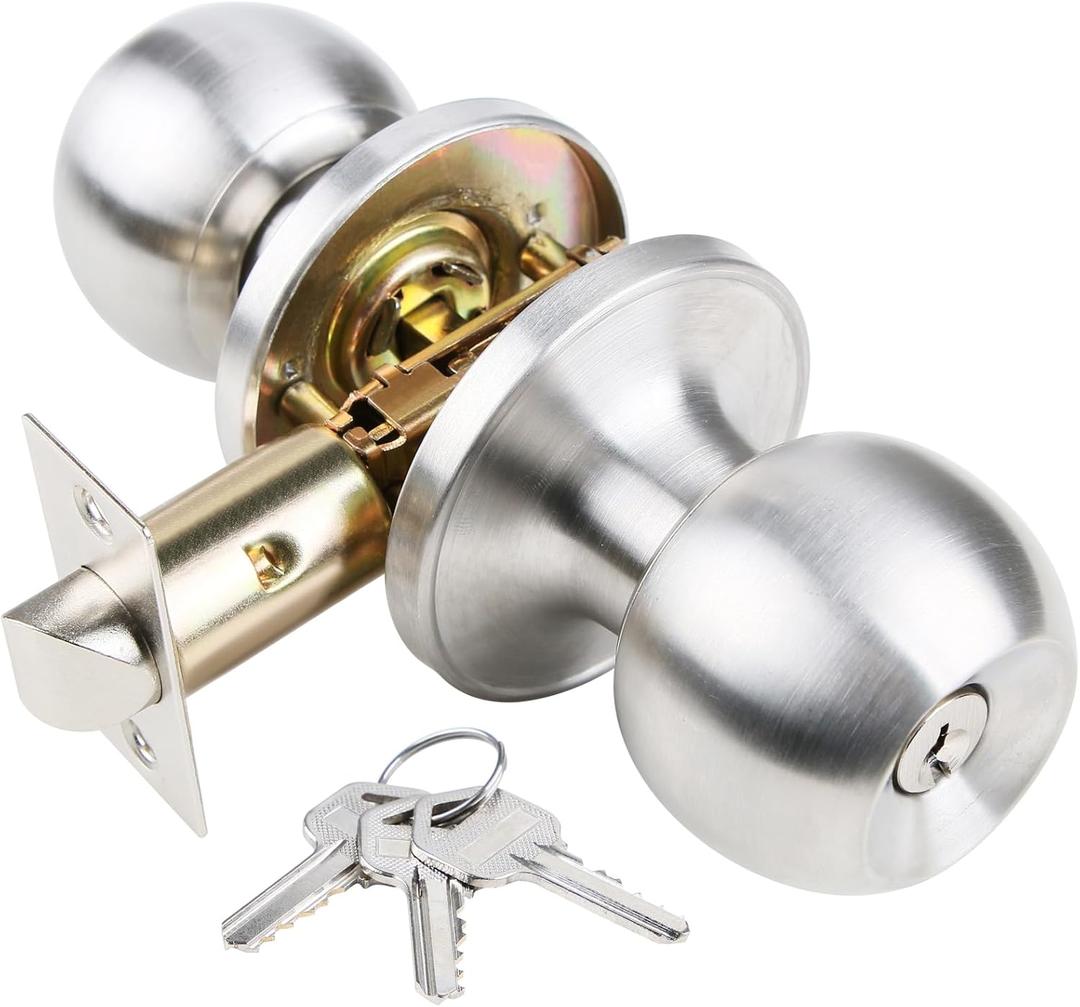 GSCZ Door Knob with Key for Bedroom Door Locks with Keys, Stainless Steel Doorknob with Lock and Key, Ball Door Handle with Key Doorknob with Lock and Key (1 Pack, Satin Nickel)