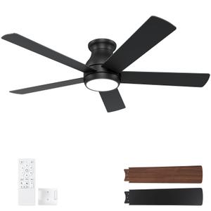 POCHFAN 52 Inch Black Ceiling Fans with Lights and Remote, LED Low Profile Flush Mount Ceiling Fan for Bedroom, Living Room, with Quiet DC Motor, Dimmable 6 Speeds