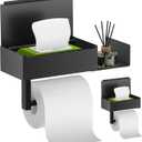 Toilet Paper Holder with Shelf, FUNLEU Self Adhesive Toilet Paper Holder with Storage, Wipe Holder for Bathroom Flushable Wipes Dispenser - Stainless Steel Toilet Holder Wall Mount, Matte Black