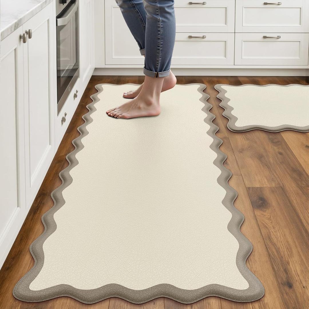 Arenarug Scalloped Kitchen Mats Rugs Sets of 2 Cushioned Anti Fatigue Floor Mat Waterproof Kitchen Rugs Non Slip Foam Comfort Standing Mat for Sink Laundry, Khaki