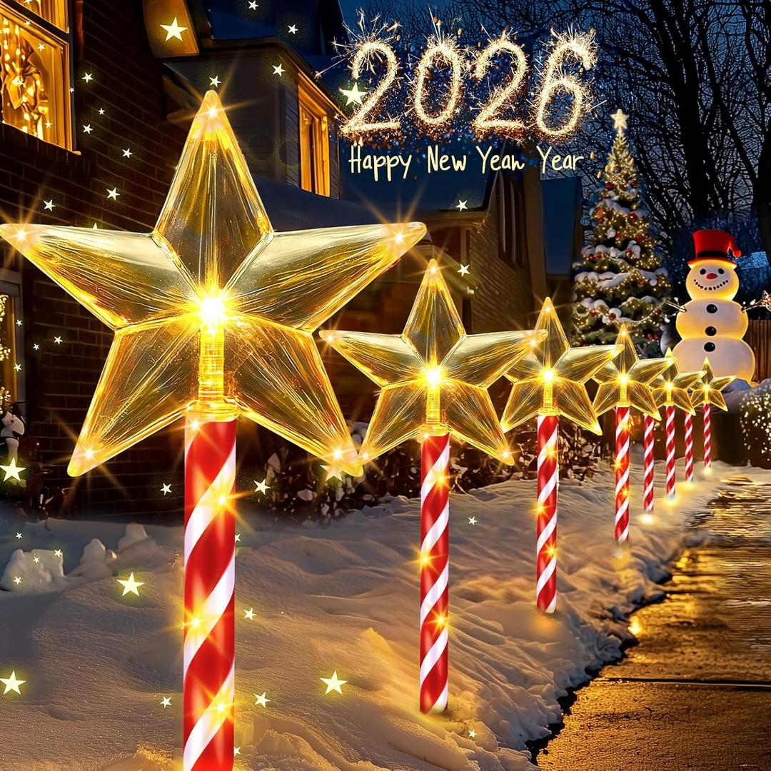 Solar Christmas Lights Outdoor Waterproof: 8 Pack Star Solar Christmas Decorations Outdoor with 8 Modes, Solar Candy Cane Pathway Lights Outside for Yard Walkway Driveway Xmas Decor - Warm White