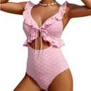 SweatyRocks Women's Cut Out Ruffle Floral One Piece Swimsuit Tie Front Monokini Bathing Suit (Medium, Pink)