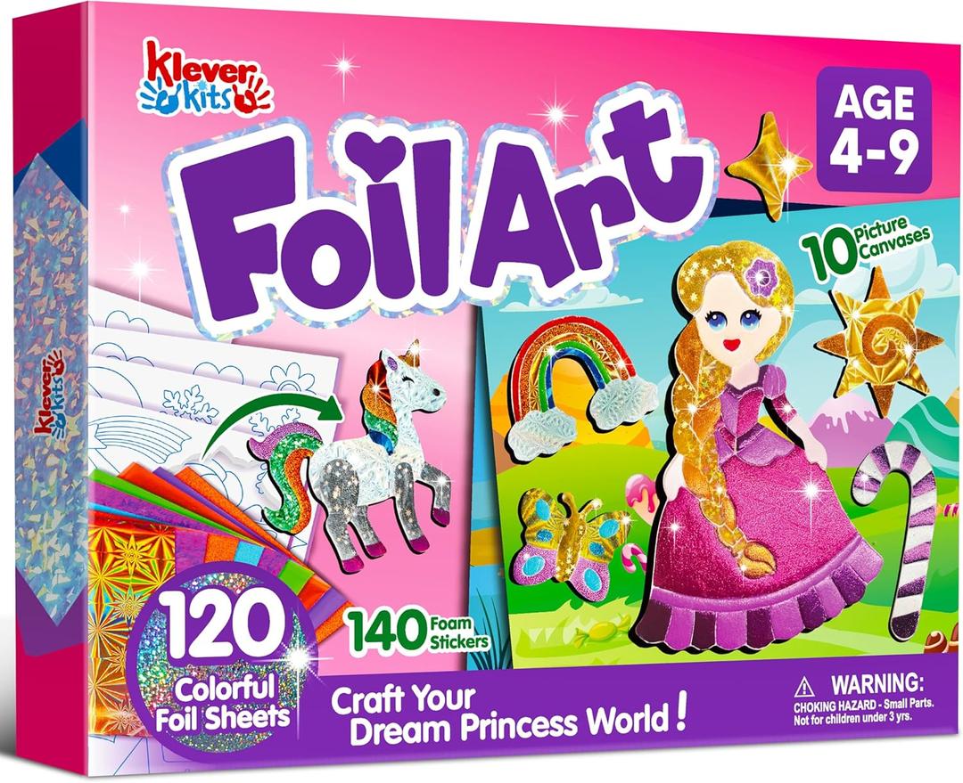 Klever Kits Princess Foil Art Kit for Kids - Arts & Crafts Supplies, Mess Free Coloring, Foil Foam Stickers, Creative Travel Toys, Birthday Gifts for Boys & Girls Ages 4 and Up