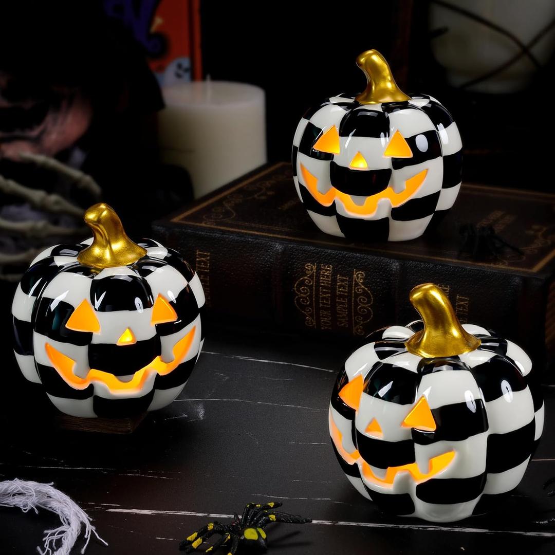 3Pack Ceramic Pumpkin with Tea Lights,Halloween Light up Pumpkins,Jack-O-Lantern Candle Holder,Black and White Pumpkins Tealight Holder for Halloween Indoor Tabletop Holiday Party Decorations