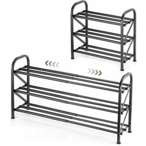 3-Tier Shoe Rack for Closet, 16"-33" Expandable Shoe Rack Adjustable for Entryway Closet Doorway Sturdy Metal, Black