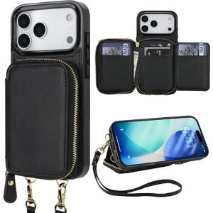 Bocasal RFID Blocking Wallet Case for iPhone 17 Pro Max, Adjustable Crossbody Zipper Purse Case Card Holder with Kickstand Detachable Wrist Strap, PU Leather Flip Folio Case 6.9 Inch 5G (Black)
