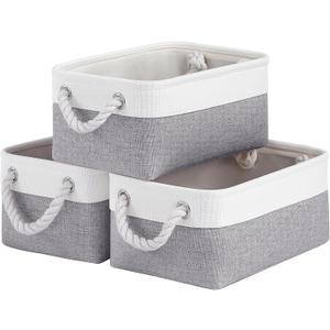 Storage Baskets for Shelves 11.8x7.9x5.2 Inch, Foldable Fabric Storage Bins with Handles, Small Storage Baskets for Organizing Closet, Office, Home Organization (3-Pack, White&Gray)