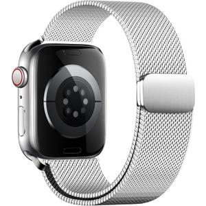 Double Magnetic Compatible for Apple Watch Band Ultra 2,SE, Stainless Steel Strap Metal Mesh Sport Loop for iWatch Bands 38mm 40mm 41mm 42mm 44mm 45mm 46mm 49mm Series 10/9/8/7/6/5/4/3/2/1 Women Men (Silver)