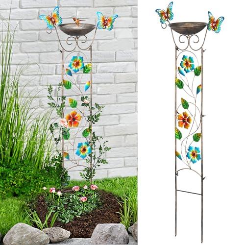 LEWIS&WAYNE Garden Trellis Bird Bath Outdoor, 40 Inch Antique Iron Garden Plant Trellis Decorative with Floral-Butterflies and Detachable Drinking Basin Bowl, Free Standing BirdBath Birdfeeder Station