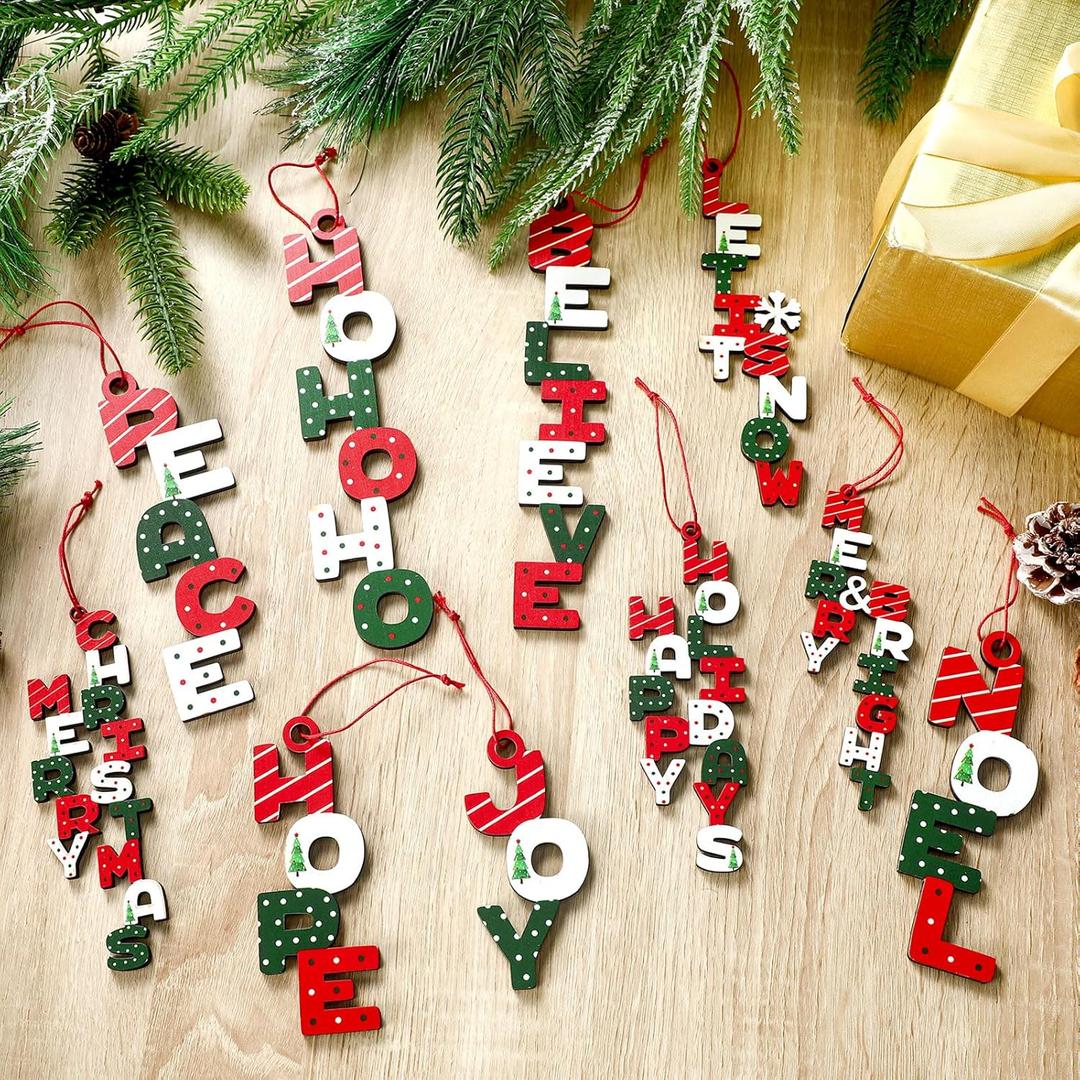 Roowest 30 Pcs Christmas Wood Word Cutout Merry Christmas Signs Vintage Wooden Red and Green Hanging Ornaments Joy Peace Believe Large Letter for Xmas Tree Party Wall Door Decor Farmhouse Craft