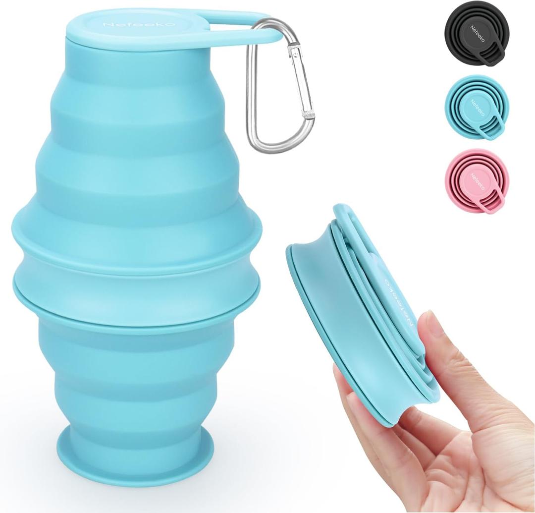 Nefeeko Collapsible Water Bottle,17oz(500ml) Reuseable BPA Free Silicone Foldable Water Bottles for Travel Gym Camping Hiking, Portable Leak Proof Sports Water Bottle with Carabiner (Blue)