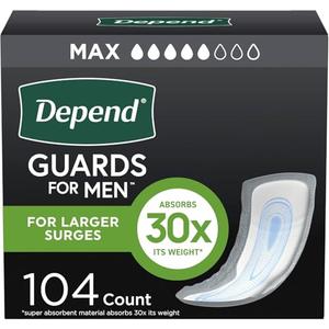 Depend Guards Incontinence Pads for Men, Maximum Absorbency, 104 Count (2 Packs of 52), Packaging May Vary