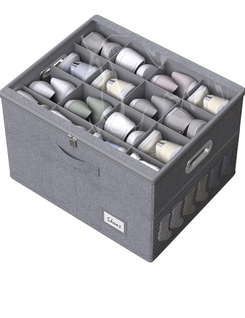 JISONCASE Shoe Organizer for Closet,Shoe Box Storage Containers with Clear Cover,Adjustable Dividers for Shoe Storage,Space Saving Shoe Bin with Foldable Bottom Support (Gray)