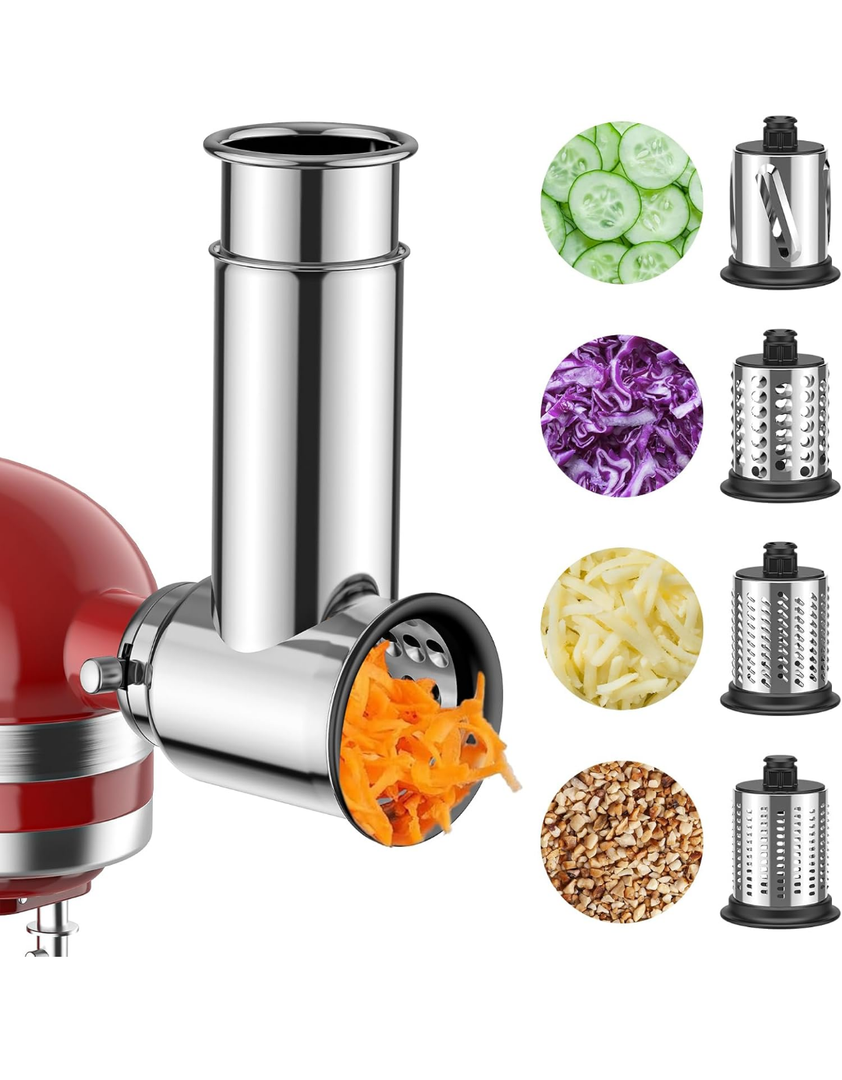 Stainless Steel Slicer Shredder Attachment for Kitchenaid Stnad Mixer, Cheese Grater Attachment for KitchenAid - 4 Blades Salad Maker with Grinding Powder Function by FGREEBLE